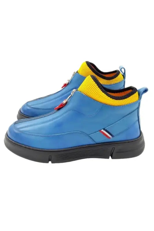 Cs- Yonkers Blue Leather Yellow Stretch Men’S Boots With Front Zipper Accessory - Women > Shoes.