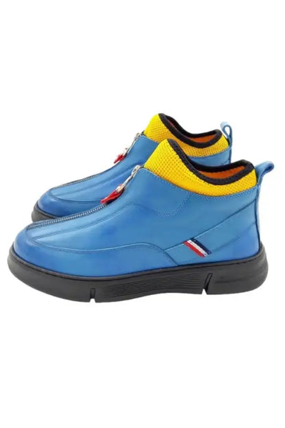 Cs- Yonkers Blue Leather Yellow Stretch Men’S Boots With Front Zipper Accessory - Women > Shoes.