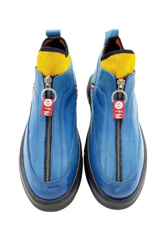 Cs- Yonkers Blue Leather Yellow Stretch Men’S Boots With Front Zipper Accessory - Women > Shoes.