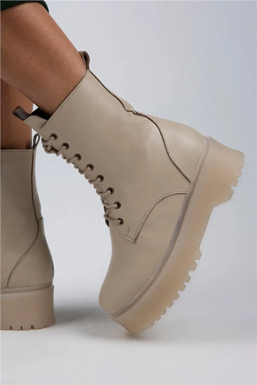 Mj- Daisy Women Original Leather Zipper with lace Beige Boots