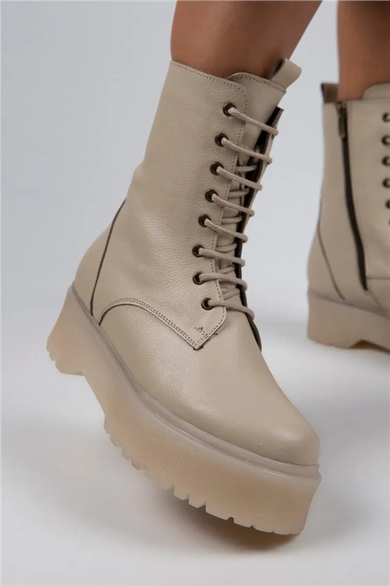 Mj daisy kadın hakiki deri bağcıklı fermuarlı bej bot / women > shoes > boots