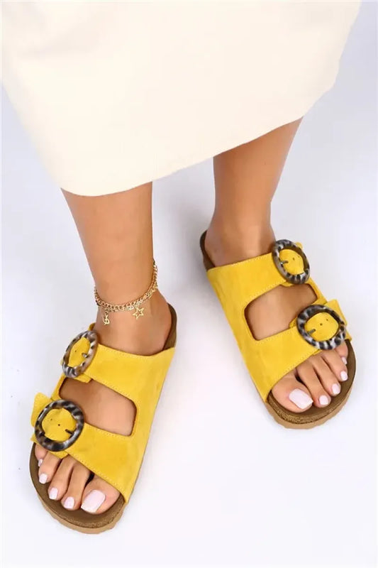 Women > shoes slippers mj- drina hakiki deri çift tokalı sarı terlik