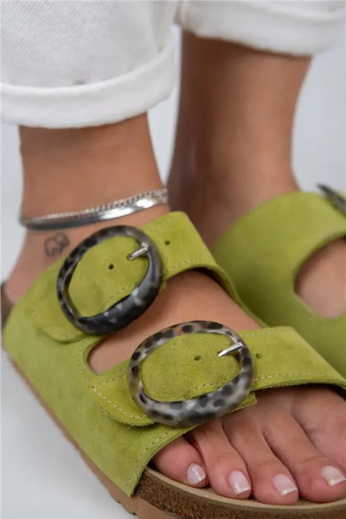 MJ- Drina Woman Genuine Leather Double Hebilla de maní Verde zapatillas de maní