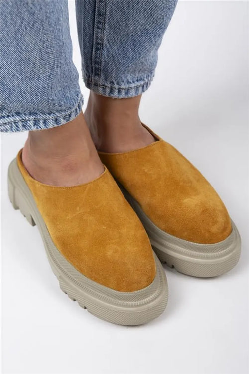 Mj- Edna Women Original Leather Laceless Mustard - Suede Slipper