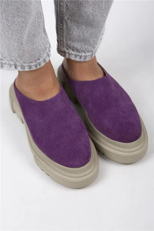 Mj- Edna Women Original Leather Laceless Purple - Suede Slipper