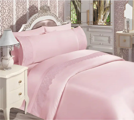 Elena Cindy Lace Satin Duvet Cover Set - Powder - Home Textile > Bedroom Covers.