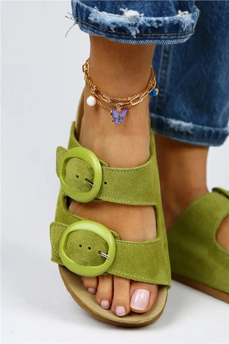 Women > shoes slippers mj- eron hakiki deri fıstık yeşili çift tokalı kadın