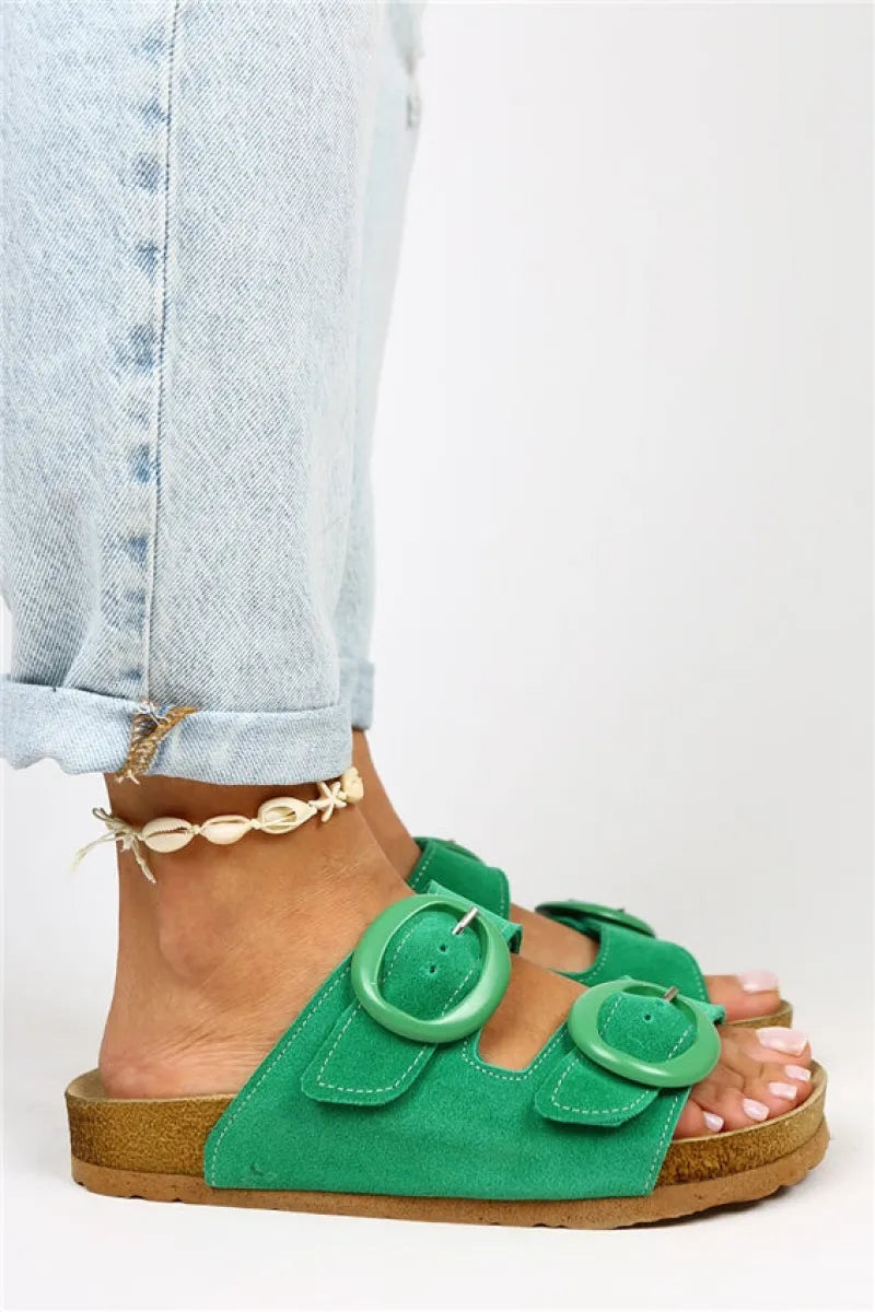 Women > shoes slippers mj- eron hakiki deri yeşil çift tokalı kadın terlik