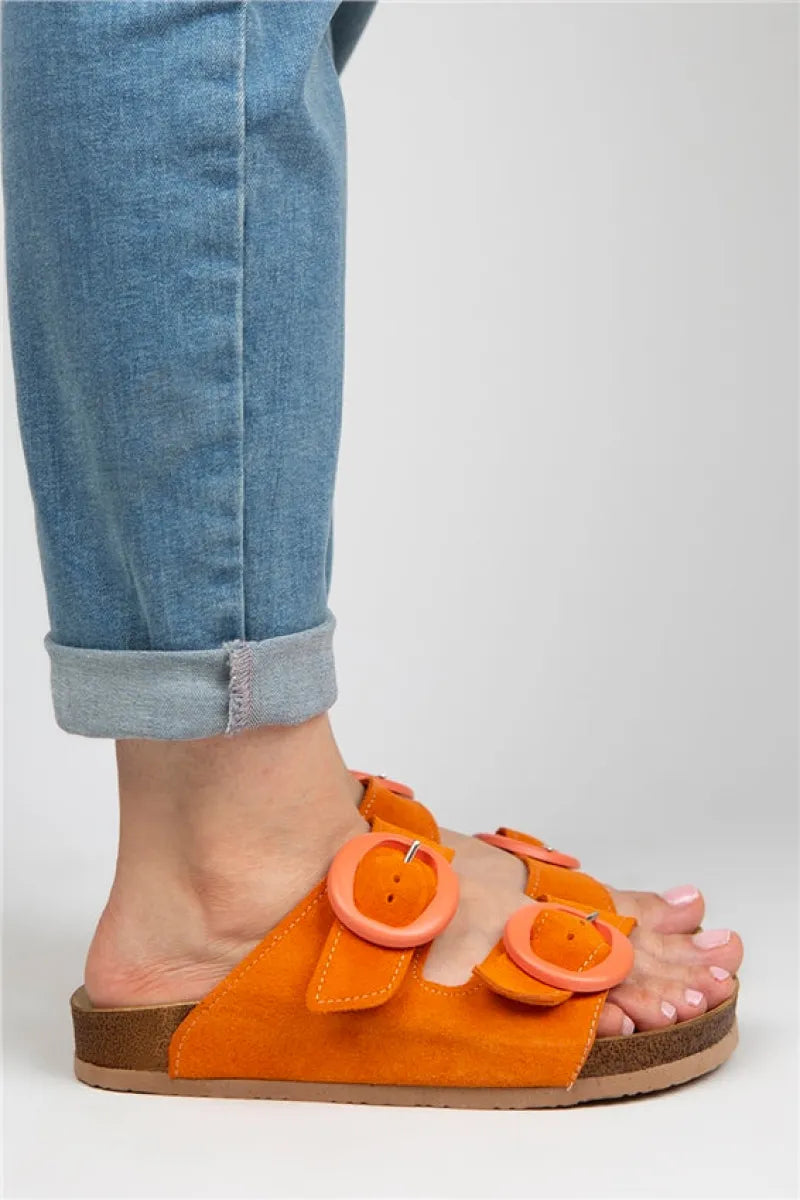 Women > shoes slippers mj- eron kadın hakiki deri çift tokalı turuncu terlik