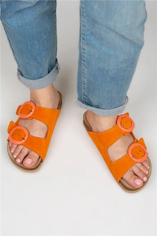 Women > shoes slippers mj- eron kadın hakiki deri çift tokalı turuncu terlik