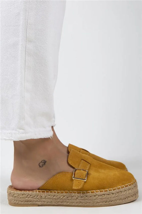 Mj-Esta Women Original Leather Mustard Slippers With Belt Buckle