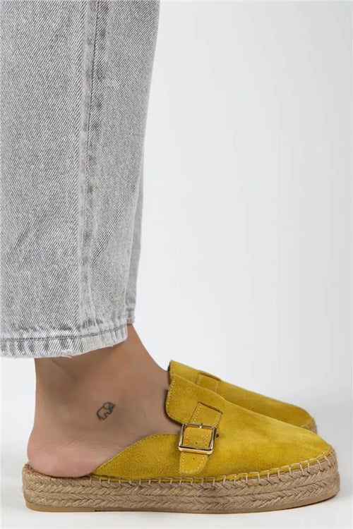 Mj- Esta Pantoufles jaunes avec boucle de ceinture en cuir véritable pour femmes