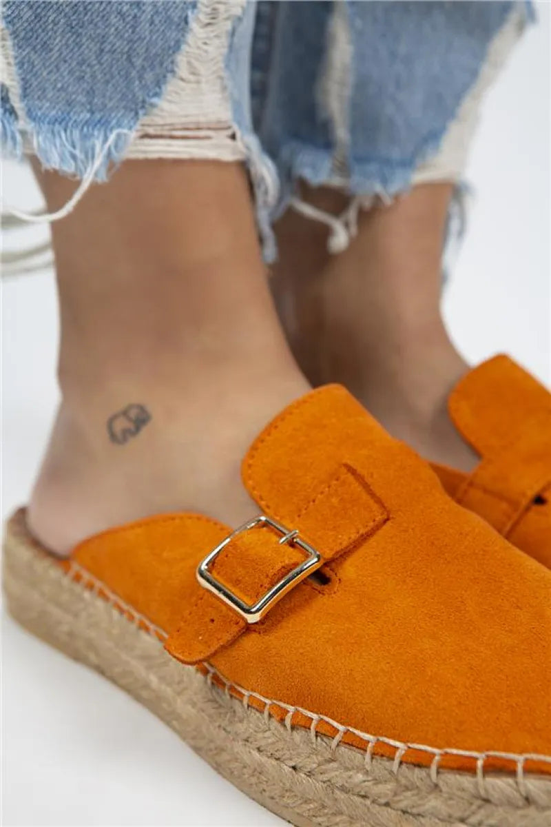 Women > shoes slippers mj- esta kadın hakiki deri kemerli tokalı turuncu terlik
