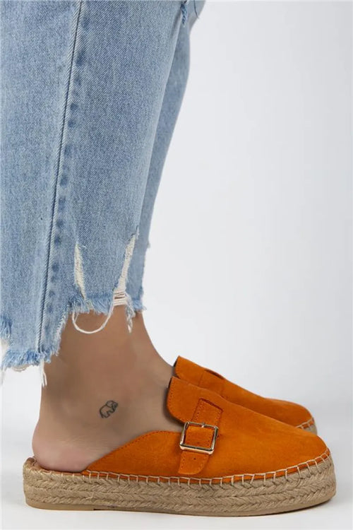 Mj-Esta Women Original Leather Orange Slippers With Belt Buckle