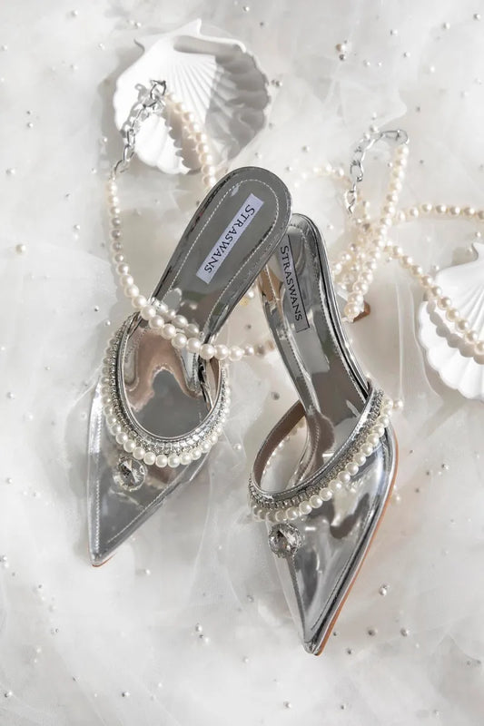 St fargo kadın i̇nci detay topuklu şeffaf ayakkabı gümüş / women > shoes >