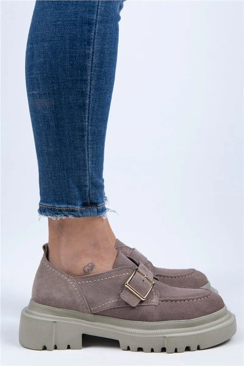 Mj- Gloria Damen-Loafer aus echtem Leder mit Gürtelschnalle, Nerz-Wildleder-Schuhe