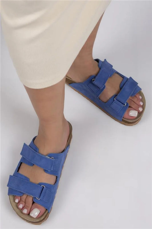 Mj- hazel kadın hakiki deri çift cırtlı mavi terlik / women > shoes > slippers