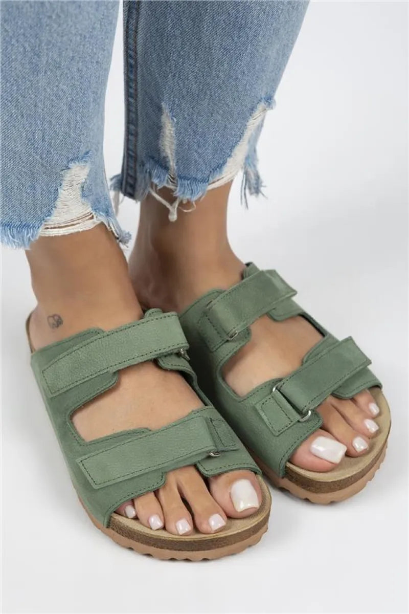 Women > shoes slippers mj- hazel kadın hakiki deri çift cırtlı yeşil terlik