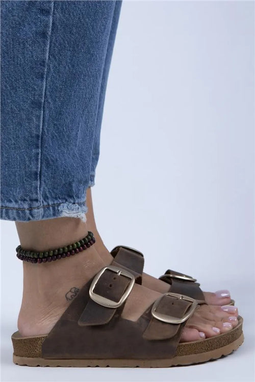 Mj- Irene 2 Women antique Original Leather Double Buckle Brown - Gold Slippers