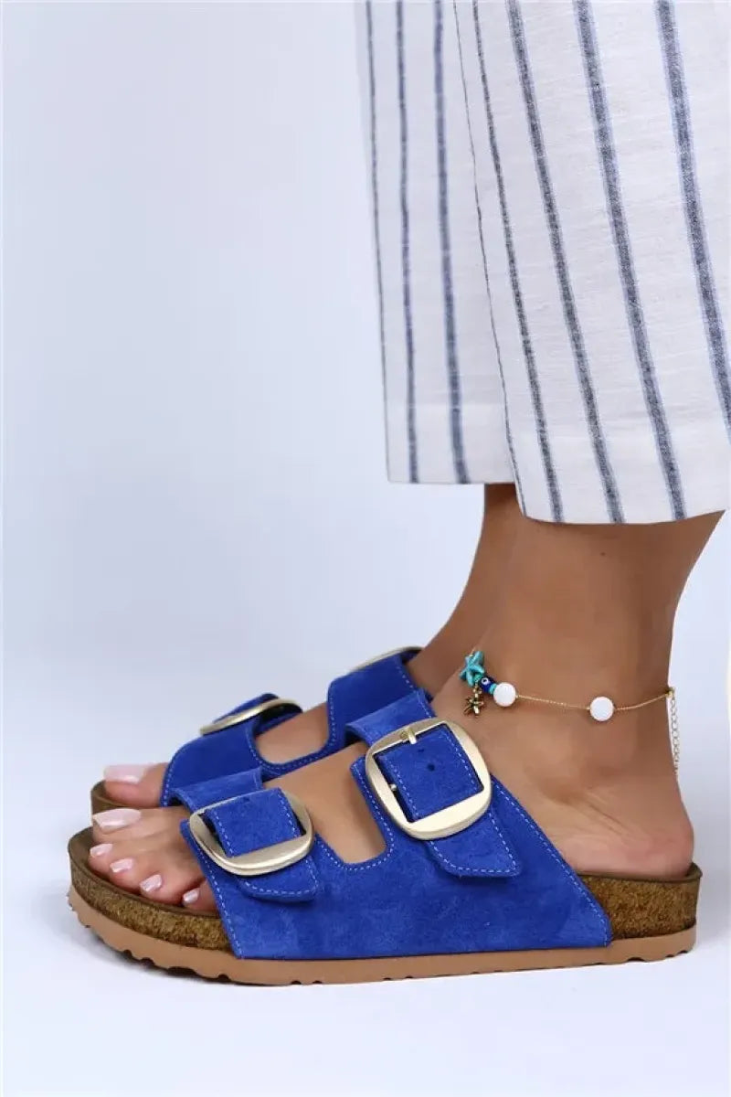Mj- irene hakiki deri çift tokalı mavi terlik / women > shoes > slippers