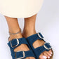 Women > shoes slippers mj- irene hakiki deri çift tokalı gümüş petrol terlik