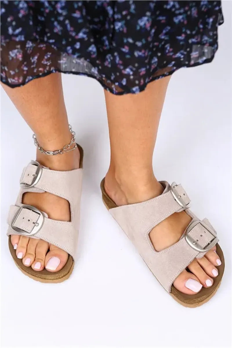 Women > shoes slippers mj- irene hakiki deri çift tokalı gümüş bej terlik