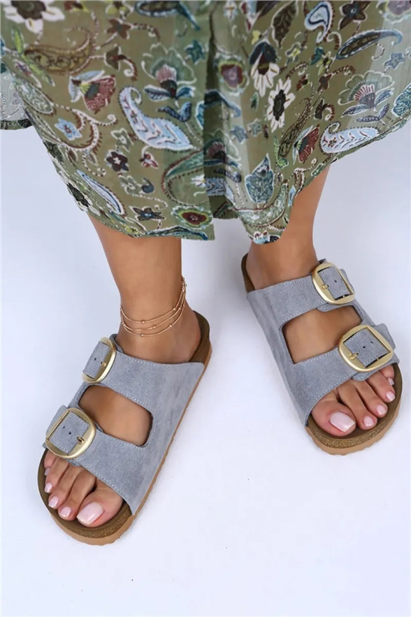 Women > shoes slippers mj- irene hakiki deri çift tokalı gri terlik