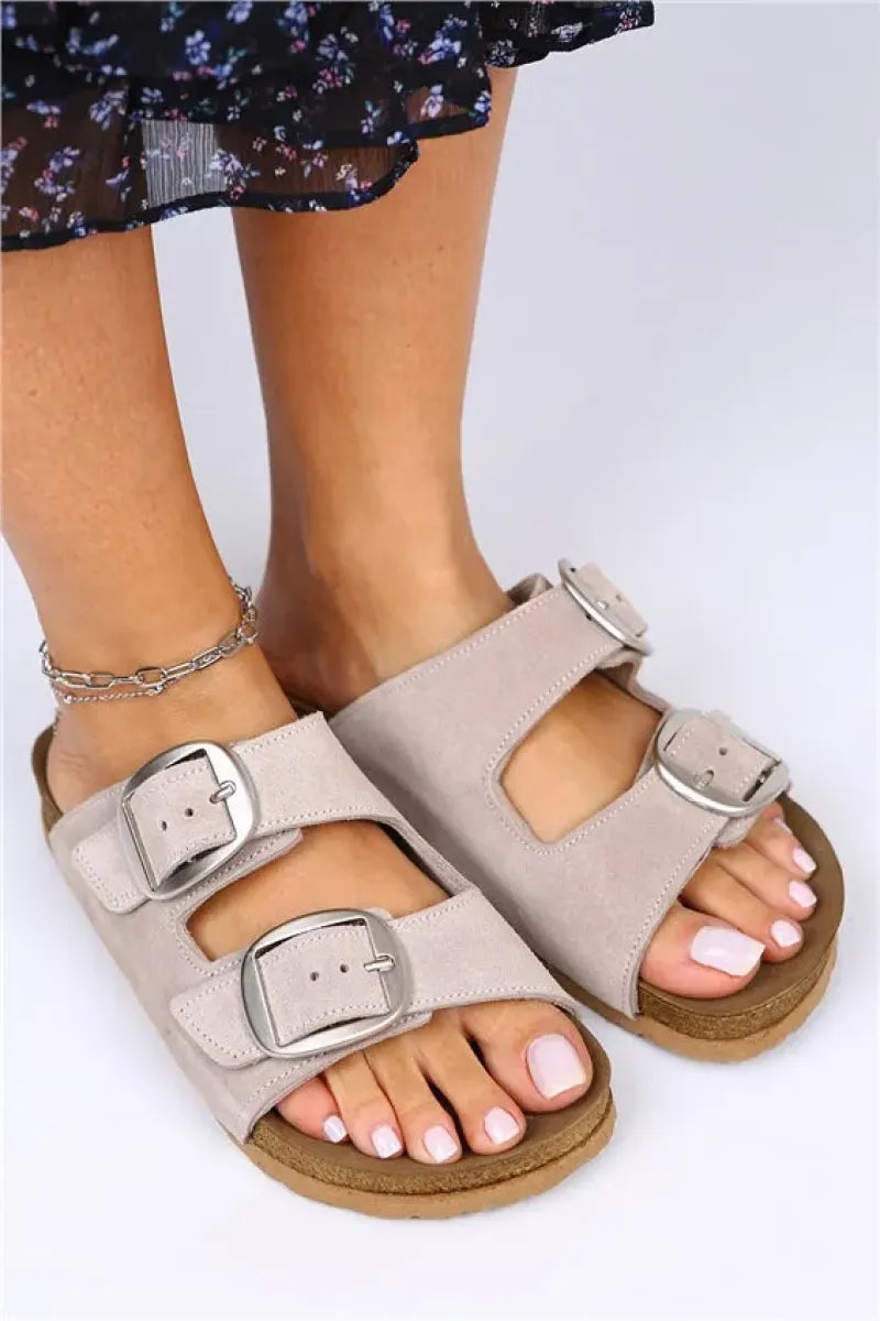 Women > shoes slippers mj- irene hakiki deri çift tokalı gümüş bej terlik