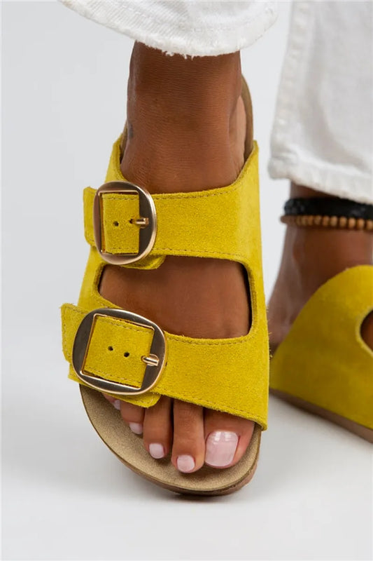 Women > shoes slippers mj- irene kadın hakiki deri çift tokalı açık sarı - gold