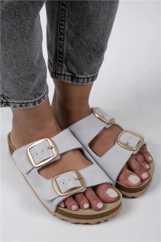 Women > shoes slippers mj- i̇rene kadın hakiki deri çift tokalı açık gri - gold