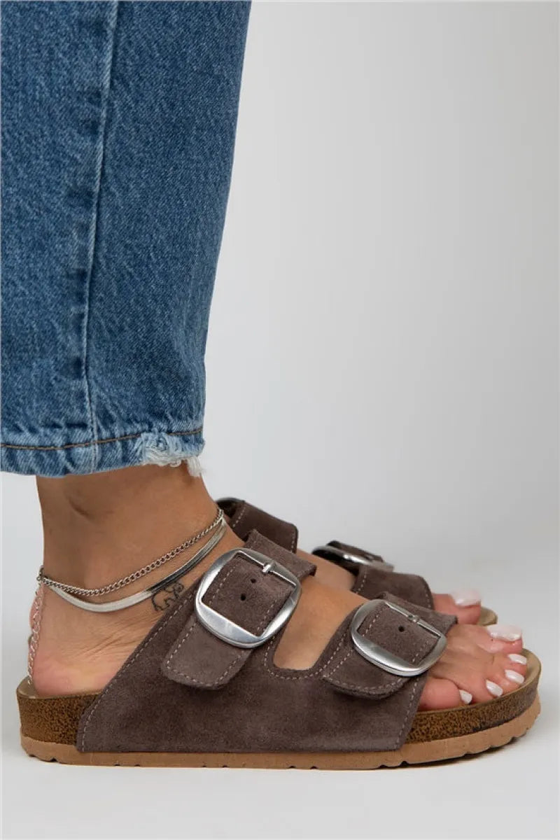 Women > shoes slippers mj- irene kadın hakiki deri çift tokalı kahverengi -