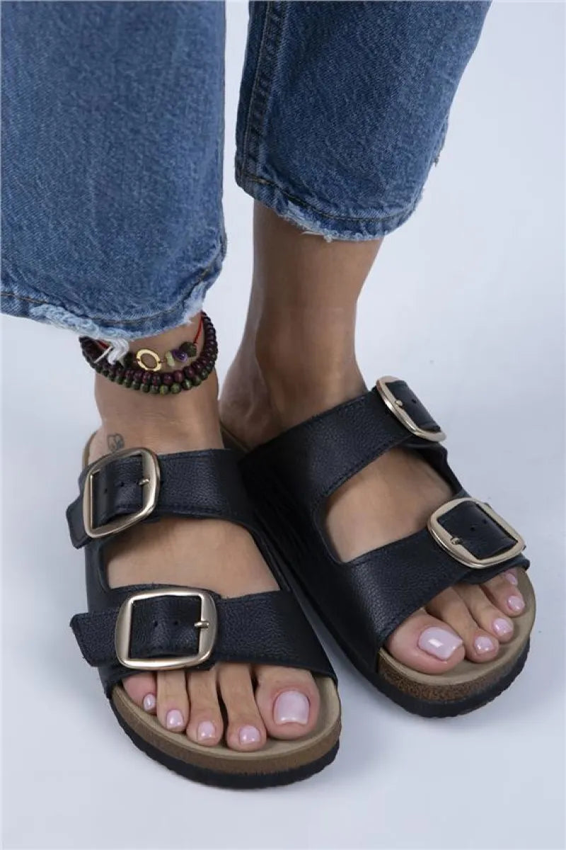 Mj- irene kadın hakiki deri çift tokalı siyah deri - gold terlik / women > shoes