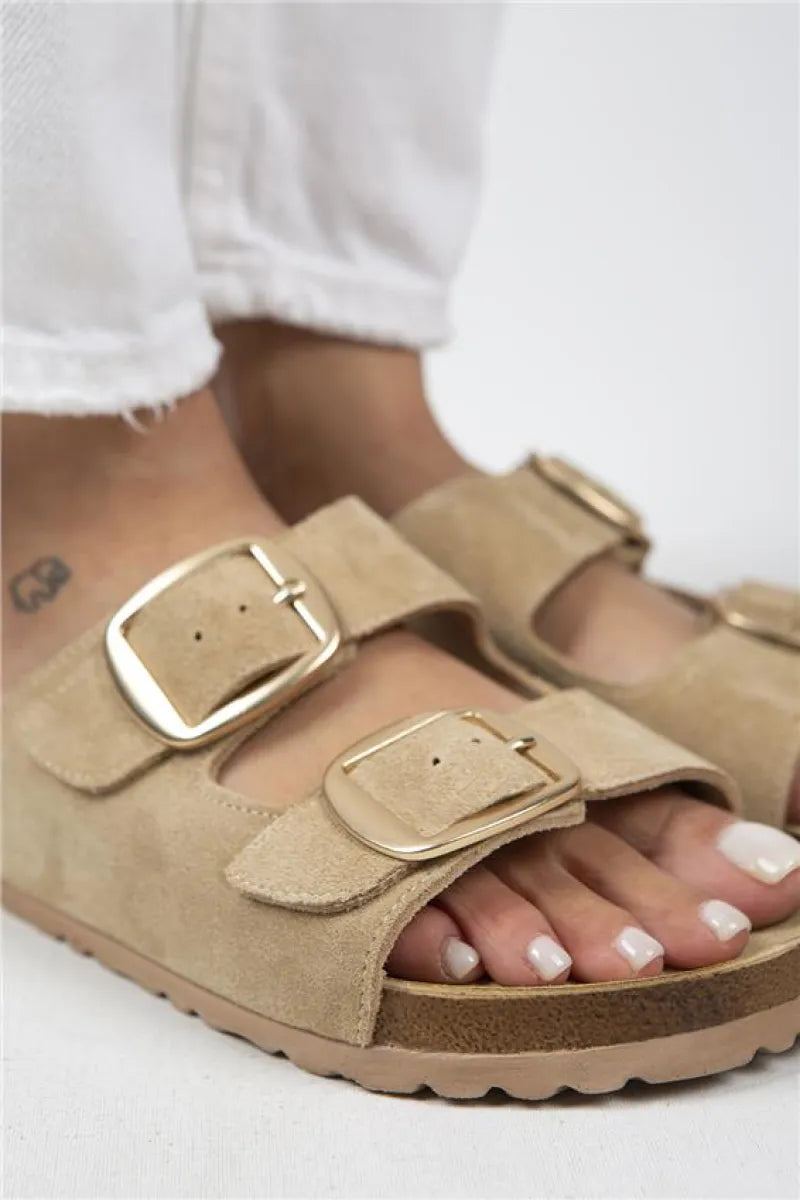 Women > shoes slippers mj- i̇rene kadın hakiki deri çift tokalı kum terlik