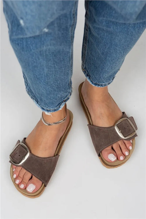 Mj- jade Women Original Leather Single Band Brown - Silver Slippers
