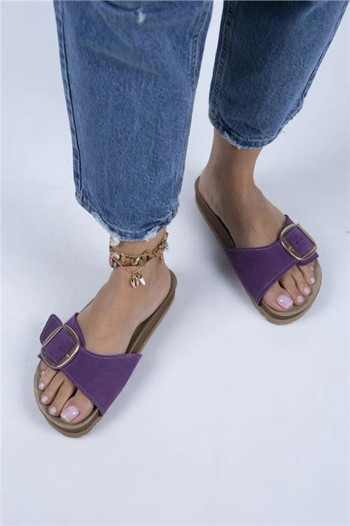 Mj- jade Women Original Leather Single buckle purple Suede - Gold Slippers