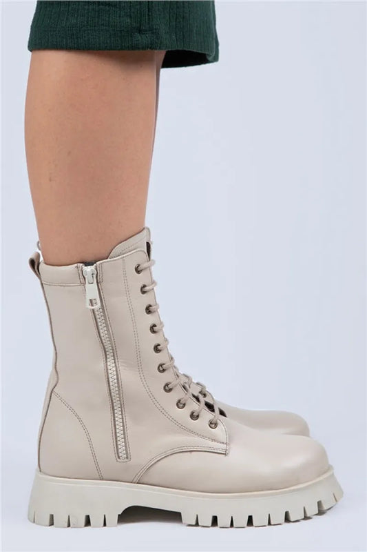 Mj mia kadın hakiki deri bağcıklı çift fermuarlı bej bot / women > shoes > boots