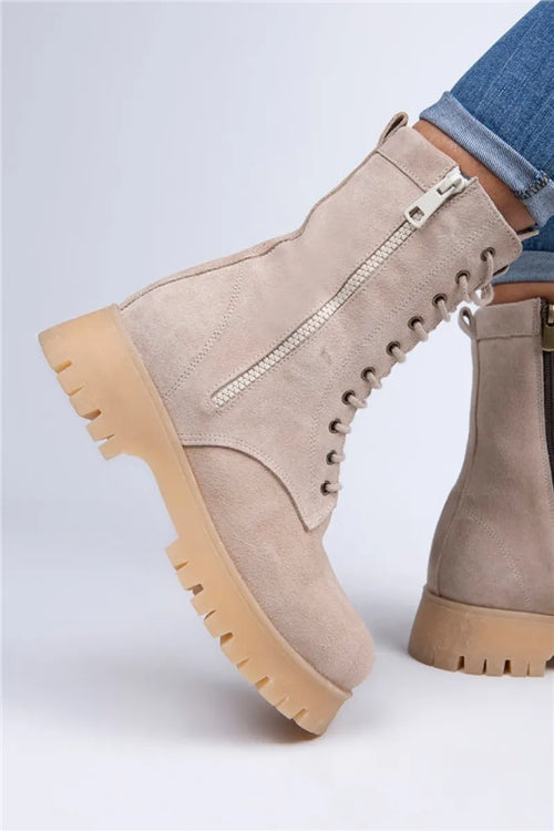 MJ- Mia Women Original Leather Double zipper with laces Beige Suede Boots