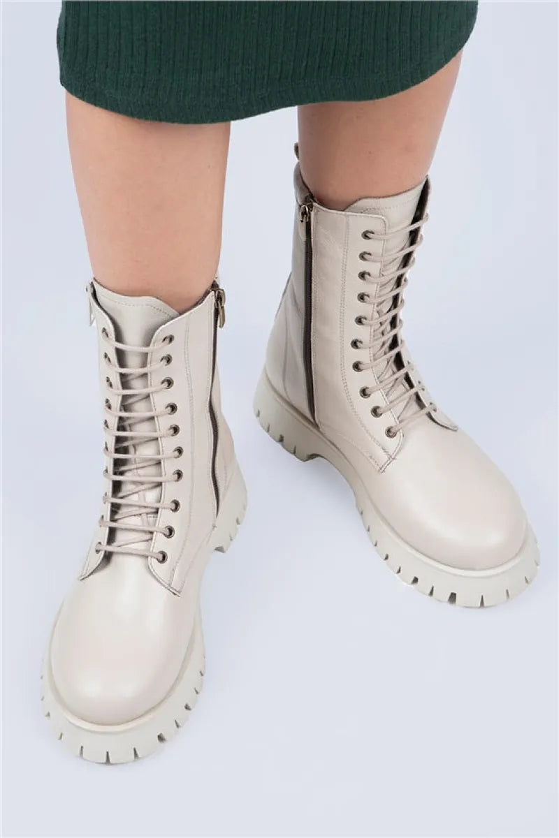 Mj mia kadın hakiki deri bağcıklı çift fermuarlı bej bot / women > shoes > boots