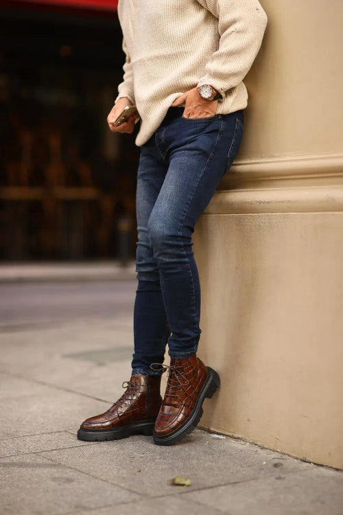 So-brown, Croco Leather, Lacked, Zippered Men Boots