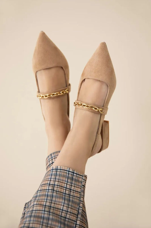 St karissa kadın zincir detay topuklu süet ayakkabı ten / women > shoes >