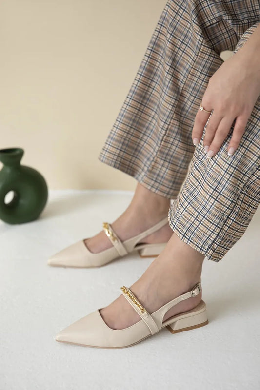 St karissa kadın zincir detay topuklu deri ayakkabı bej / women > shoes >
