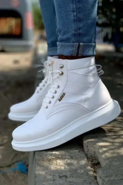 White high-top sneaker with thick platform sole and laces.