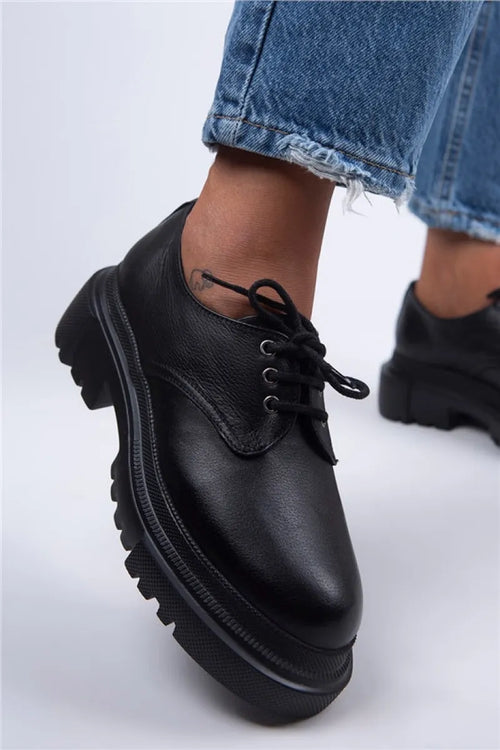 Mjlola Women Original Leather Black shoes with laces