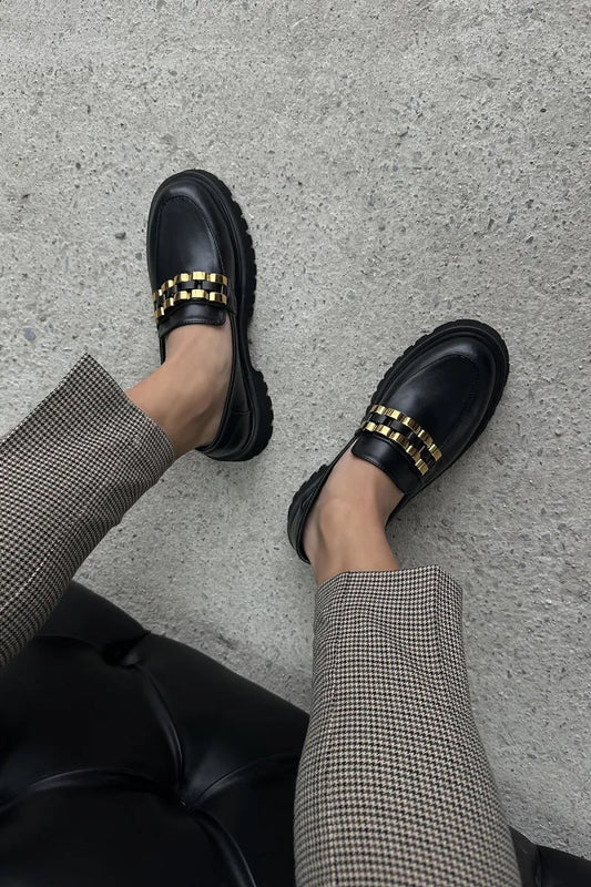 St- luna kadın kalın taban deri makosen ayakkabı siyah