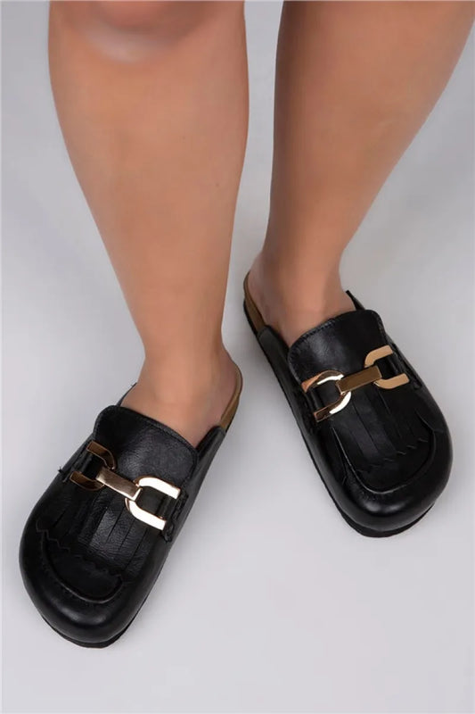 Mj maya kadın hakiki deri önü kapalı siyah terlik / women > shoes > slippers
