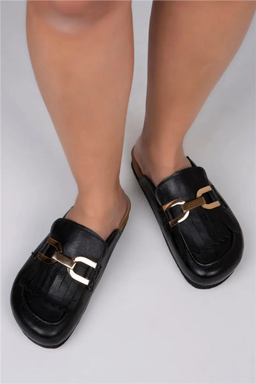 Mj Maya Women's Genuine Leather Closed Front Black Slippers