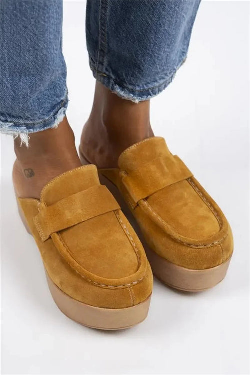 Mj- berry Women Original Leather Lace -free mustard Suede Slipper