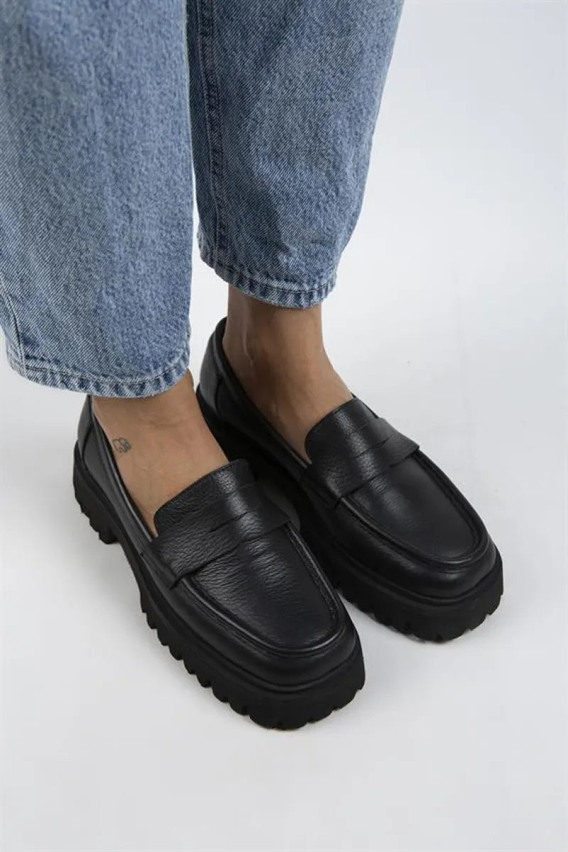 Mj- cepmen kadın deri köşeli hakiki loafer siyah ayakkabı