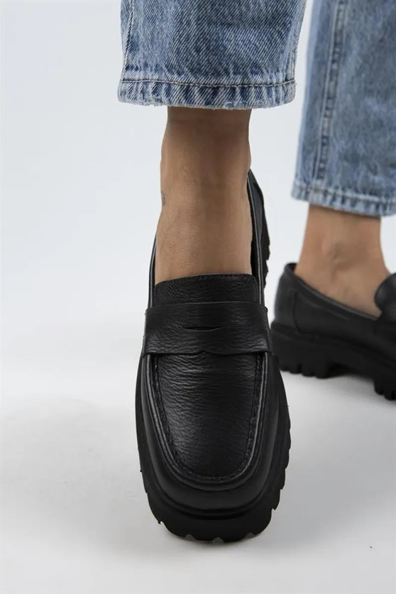 Mj- cepmen kadın deri köşeli hakiki loafer siyah ayakkabı