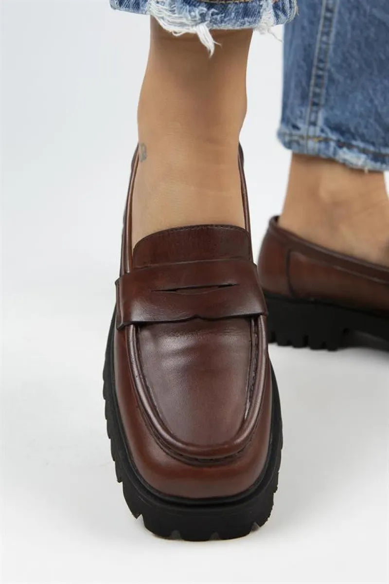 Mj- cepmen kadın deri köşeli hakiki loafer taba ayakkabı